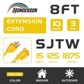 HONDERSON Indoor Outdoor Extension Cord Weatherproof, UL Listed, 10 Gauge 8FT Yellow 3 Prong Heavy Duty Extension Cord, 10/3 SJTW 15A Power Extension Cord for Outdoor Lights, Appliances, Lawn