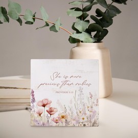 Yetmadi Girl Nursery Decor,Baby Girl Nursery Decor,Proverbs 3:15 Sign,Wildflower Flower Nursery Bible Verse Floral Wooden Box Desk Decor for Bedroom Playroom Baby Girl Gift 5x5 Inch