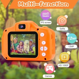 Seckton Kids Selfie Camera, Christmas Birthday Gifts for Girls&Boys Age 3-9, HD Digital Video Cameras for Toddler, Portable Toy for 3 4 5 6 7 8 Year Old Girls&Boys with 32GB SD Card (Orange-Yellow)