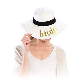 RJAY Women's Paper Weaved Embroidered Crushable Beach Lettering Quote Floppy Brim Hat (Bride - White)