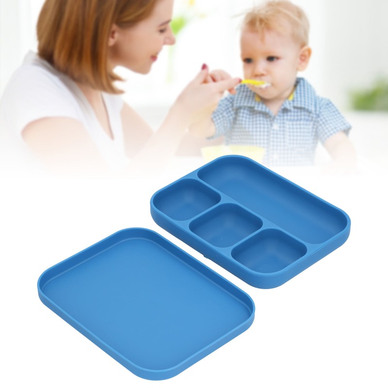 Baby Silicone Divided Food Plate with Lid Drop Resistant Suction