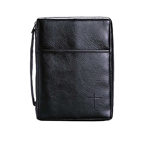 Soft Black Embossed Cross with Front Pocket Leather Look Bible