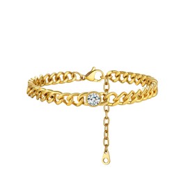 FOCALOOK Gold Anklets for Women Stainless Steel Ankle Chain Cuban Link Anklet Adjustable Large Bracelets Party Crystal Ankle Bracelet April Birthstone Synthetic Diamond Foot Jewelry