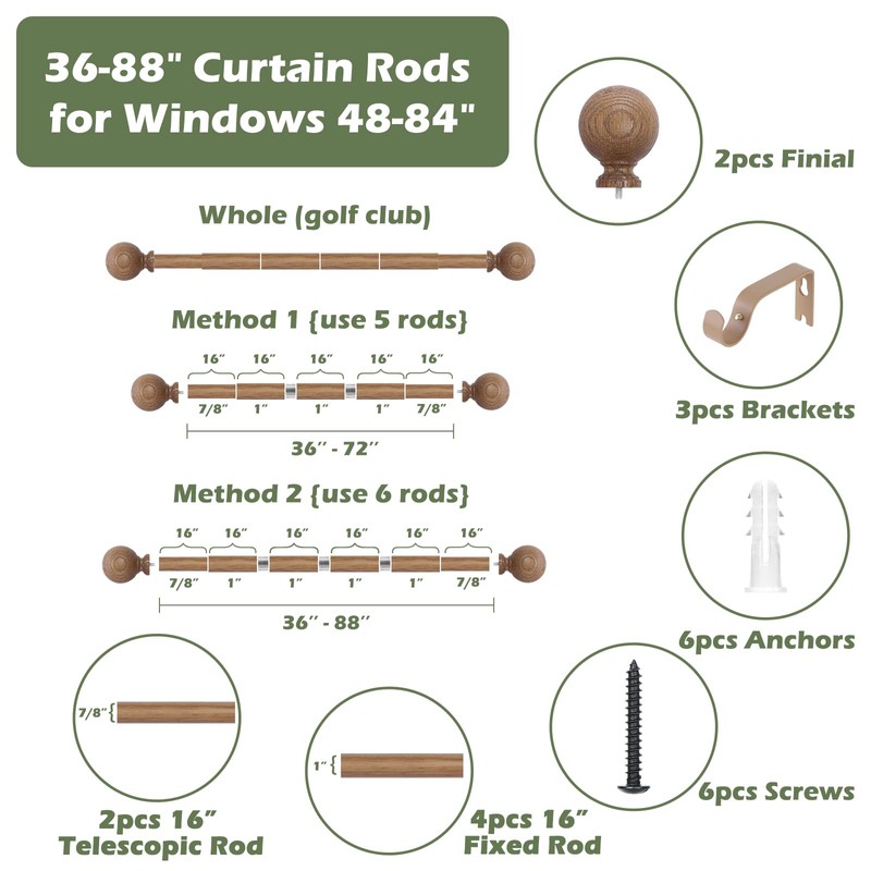 HTZON Wood Curtain Rods for Windows 48 to 84 Inch,1