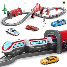 Electric Train Sets for Children, 67 Pieces Trains Toys with Sound Operated & Figure Eight Magnetic Tracks, Christmas Birthday Gifts for 3 4 5 6 7 8 Years Old Boys Girls Red