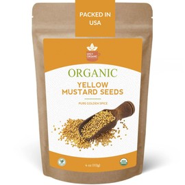 Spicy Organic Yellow Mustard Seed – 4oz (113G) Whole Seeds for Pickling, Spice Blends, Sauces & Cooking | USDA Organic, Non-GMO, Kosher, Additive-Free, Product of India, Resealable Bag