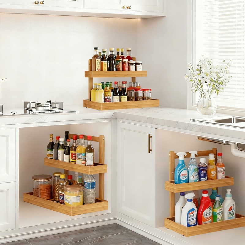Bamboo Undersink Organizer Storage - 2-Tier Cabinet Shelf with Adjustable