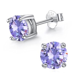 AOBOCO 14K White Gold Plated Brilliant Cut Simulated Diamond Stud Earrings Sterling Silver 6mm June Purple Crystal Hypoallergenic Stud Earrings for Women Men June Birthstone Earrings Christmas Holiday Birthday Gifts (6mm Purple)