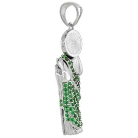 1.5 inch Sterling Silver Green & White Cubic Zirconia St Jude Pendant for Men 3-D Rhodium Finish