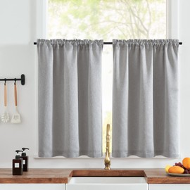 TOPICK Faux Linen Kitchen Curtains 36 Inch Length Room Darkening Rustic Textured Curtains Privacy Cafe Curtains Half Window Curtains Set for Cupboard RV Rod Pocket 2 Panels Grey