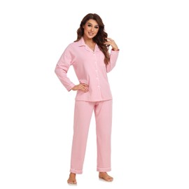 COLORFULLEAF Women's Pyjamas 100% Cotton with Button Placket Long Sleeve Pyjamas Set Two Piece Sleepwear Leisure Suit, Pink long sleeve