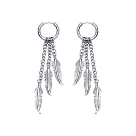 Feather Dangle Earrings for Men Punk Stainless Steel Long Chain Pendant Earrings