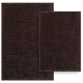 Bathroom Rugs Set 2 Piece Bathroom Set Bath Rugs Non Slip Bath Mats for Bathroom, Thick Soft Chenille Bathroom Rug Set, Bathtub Mat, Ultra Absorbent Bath Carpet, Shaggy Bathroom Floor Mat, Brown