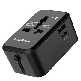 TravelHawk Travel Adapter Worldwide - Socket Adapter 20W Type G, Type A, Type D USB-C and USB Travel Plug Fast Charger Travel Adapter UK, USA, Australia, Asia, South America, Africa