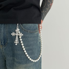 Pants Chain for Men Wallet Chains Punk Cross Jean Chain Belt Pocket Chains Pearl Goth Pant Hip Hop Jewelry B-White