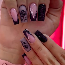 Long Square Press on Nails Black French Tip Fake Nails with Flower Designs Nude Glitter Glue on Nails Artificial Gloss Full Cover Acrylic Stick on Nail Floral Nails Press on for Women 24Pcs