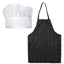 SAVITA Hat Apron Set White Chef Hat Black and White Stripped Apron Professional Chef Outfit Set For Adults House Hotel Restaurant Use