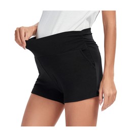 Shen&Qege Women's Maternity Shorts Lounge Stretchy Yoga Pregnancy Shorts High Waist Elastic with Pockets (Black 1, L)