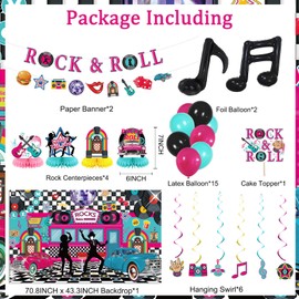 Crenics 1950's Rock and Roll Party Decorations - 50's Photo Diner Backdrop, Rock and Roll Banner, Honeycomb Centerpieces, Hanging Swirls and Balloons for 1950s Music Rocking Hip Hop Party Supplies