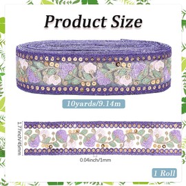 CABODYALS Purple Ethnic Style Embroidered Jacquard Ribbon Trim Tape Vintage Sequin Floral Flower Pattern Embroidery Sheer Woven Applique Fabric Trimming for Sewing Making Crafts Clothes Home Decor DIY