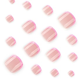 24 Pcs Nude Pink Press On Toenails for Women,YEFIUO Acrylic Fake Toe Nails Press ons Nail Art Rose Pink Glitter French Glossy Design Full Cover False Nails Glue on Toe Nails Stick on Nails for Ma'am