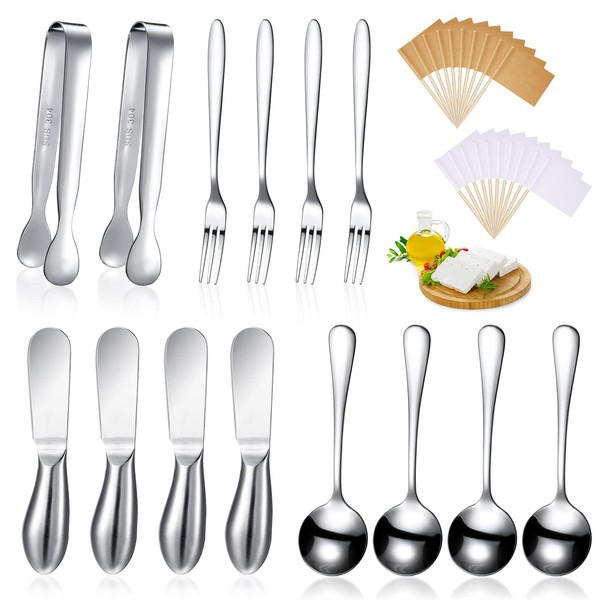 14 Pieces Charcuterie Board Accessories Cheese Spreader Knives Set Stainless Steel Charcuterie Utensils Spreader Knives Mini Serving Tongs Spoons and Forks for Cheese and Pastry Making(Silver)