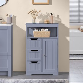 Yaheetech Bathroom Storage Cabinet, Wooden Bathroom Floor Cabinet with 1 Door and 3 Drawers, Free-Standing Storage Unit for Kitchen/Living Room/Entryway, Gray