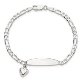 925 Sterling Silver Figaro Link ID Heart Love Dangling Chain Charm Bracelet 7.5 inch