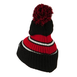 City Hunter Two Tone Striped Knit Pom Beanie - Black Red OSFM