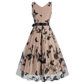 Embroidered Butterfly Dress for Women Tulle Prom Dress Sleeveless V Neck Short Homecoming Dresses 50s Dresses for Women Vintage Wedding Guest Evening Party A Line Cocktail Dresses Apricot+Black 2XL