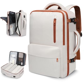 prezon 35L Travel Backpack | 180° All-Open Design | Multi-Pockets | Airline Approved Carry on | Backpack Fits 15.6 inch Laptop | Waterproof | USB Charging Port | Expandable Storage for Clothes, Cream