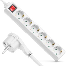 deleyCON 6-Way Power Strip with Flat Plug & On/Off Switch, Multiple Socket, Power Strip for Indoor Use, 1.4 m Cable, Flat Contact Plug, Robust Plastic Housing, White