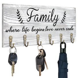 AHYS Key Holder Wall Mount with Words “Home Sweet Home”, Rustic Wooden Key Rack with 6 Hooks for Farmhouse Entryway Living Room Decor - Light Grey