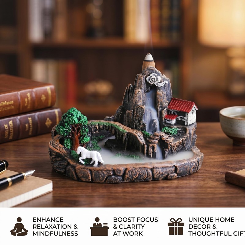 Mountain Waterfall Incense Burner, Resin Backflow Incense Holder with 60