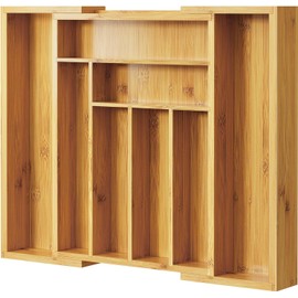 Pipishell Organizador de cajones expandible de bambú para soporte de utensilios, bandeja de cubiertos ajustable, organizador de divisores de cajones de madera para cubiertos, cubiertos, cuchillos en