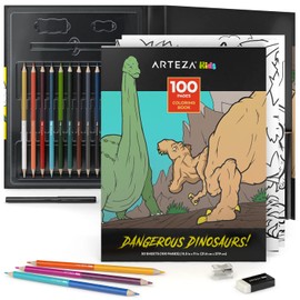 ARTEZA Kids Coloring Book and Colored Pencils Set, Dinosaur Illustrations, 50 Double-Sided Sheets, 100-lb Paper