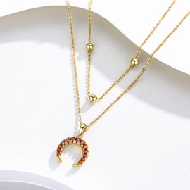 REDSUN Red Crescent Double Layer Necklace for Women, S925 Sterling Silver Pendant Jewellery Yellow Gold Plated with Red 5A Cubic Zirconia for Mum Wife Girls Cubic Zirconia, Cubic Zirconia