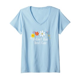 Womens Flowers for Her Him, Helmet Hair Don't Care Saying V-Neck T-Shirt
