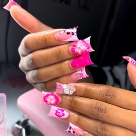 24Pcs Pink Duck Press on Nails Long Fake Nails Leopard French Tip False Nails with Flower, Butterfly Designs Long Acrylic Nails Press ons Artificial Nails Spring Summer Stick on Nails for Women