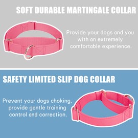 Soft Leather Martingale Dog Collar - Adjustable Rose Gold Limited Slip Collars [Easy to Clean], Stylish Durable Heavy Duty Nylon No Pull Training Collar for Small Medium Large Dogs L Hot Pink