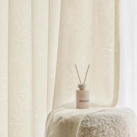 Beauoop Beige Floral Jacquard Sheer Curtains 84 Inches Long 2 Panels for Living Room Bedroom Semi Lace Flower Privacy Light Filtering Non-See-Through Velvet Textured Grommet Window Drapes, 52x84 2 Set