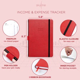Skyline Income & Expense Tracker – Accounting Ledger Book with 1 Pocket for Receipts – Bookkeping Notebook for Business Account Records – Small Business Supplies – A5 Size, Hardcover (Red)