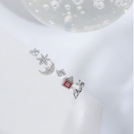 Christmas Earring Set 925 Sterling Silver Snowflake Reindeer House Moon Star Studs Gold & Rose Gold for Multiple Piercings (Multicolor)