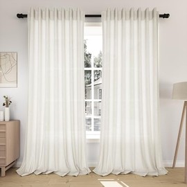 HESTIA Linen Back Tab Curtains for Living Room 84 Inch Length 2 Panel Pocket Drape Light Filtering Sheer Neutral Country Rustic Farmhouse Boho Curtain Bedroom White (84" L x 52" W)