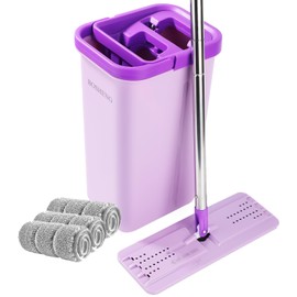 BOSHENG Mop and Bucket with Wringer Set, Hands Free Flat Floor Mop and Bucket, 3 Washable Microfiber Pads Included, Wet and Dry Use, Home Floor Cleaning System for All Floor Types and Windows, Purple