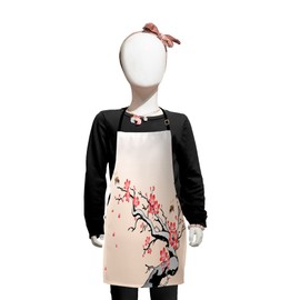 Lunarable Nature Apron, Flowering Cherry Branch Flying Bees Summer Garden Windy Day Nature Artwork, Small Apron Bib with Adjustable Ties for Baking Painting, Small Size, Pink Black Grey