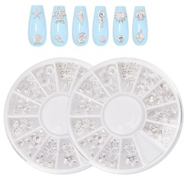 CRASPIRE 2 Boxes Ocean Nail Art Set 3D Charms 12 Styles Metal Alloy Silver Nail Charms Design Studs Gems Kit Summer Sea Turtle Marine Starfish Seashell Conch for Women DIY Craft Jewelry Decor Supplies