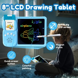 MoLingvora Drawing Tablet with Bilingual Flashcards for Kids - Arabic English Talking Flash Cards, LCD Writing Pad Board, Pocket Speech for Toddlers, Learning Toy Gift for Boys Girls (Arabic, Blue)