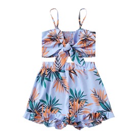 SweatyRocks Women's 2 Piece Casual Summer Sleeveless Crop Top Camisole with Shorts Blue Decor Large