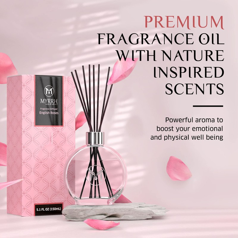 English Roses Scented Reed Diffuser Set with 8 Rattan Diffuser